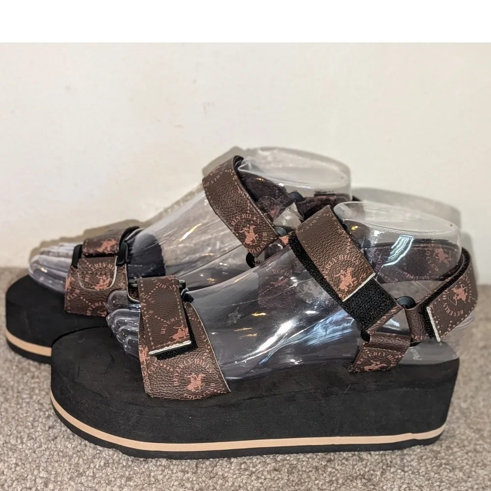 Beverly Hills Polo Club‎ Brown Logo Platform Sandals 7 Black Chunky NWOT